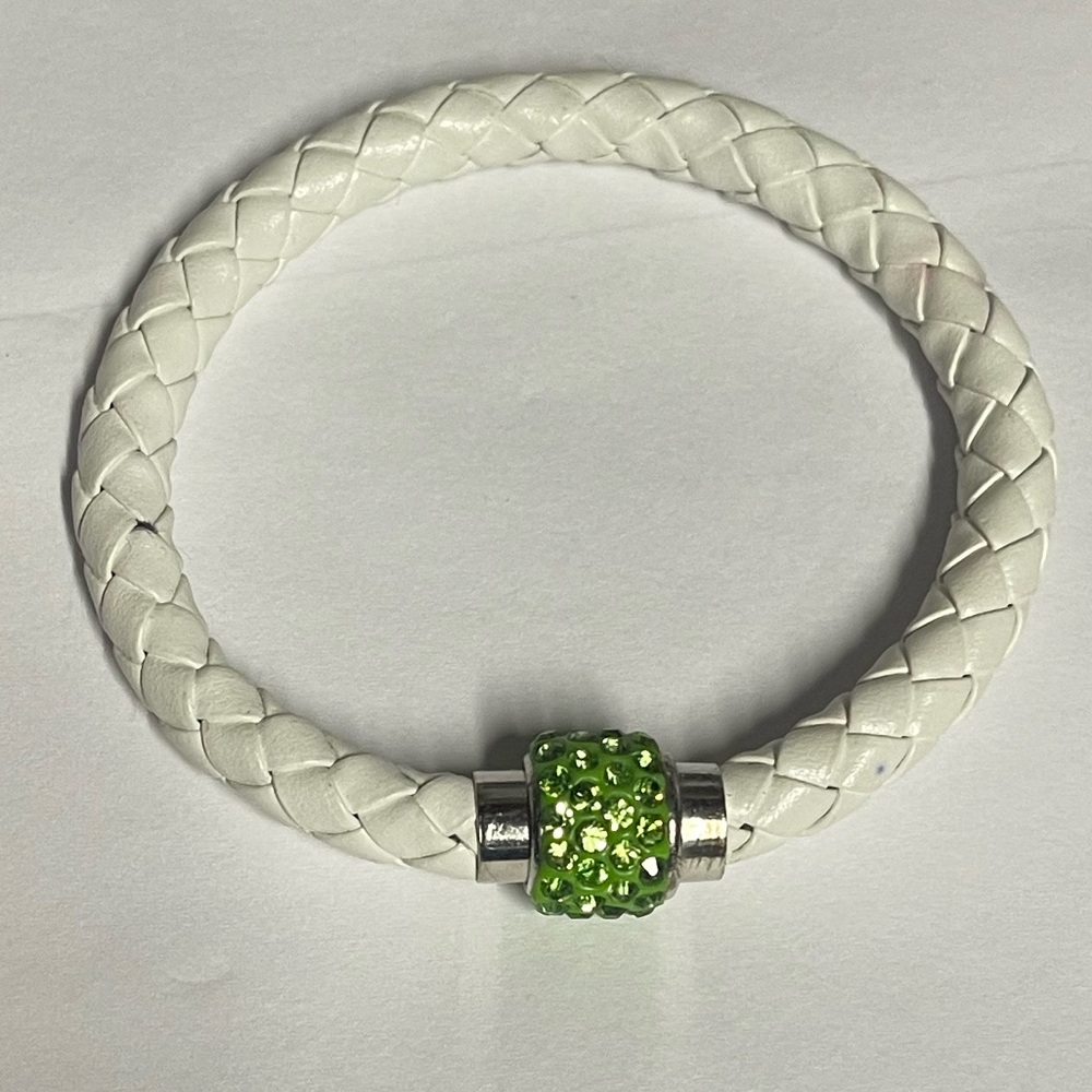 White Braided leather bracelet green rhinestone stainless steel magnetic closure